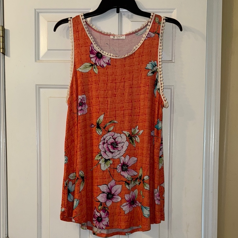 Orange Floral Sleeveless Tank Top
